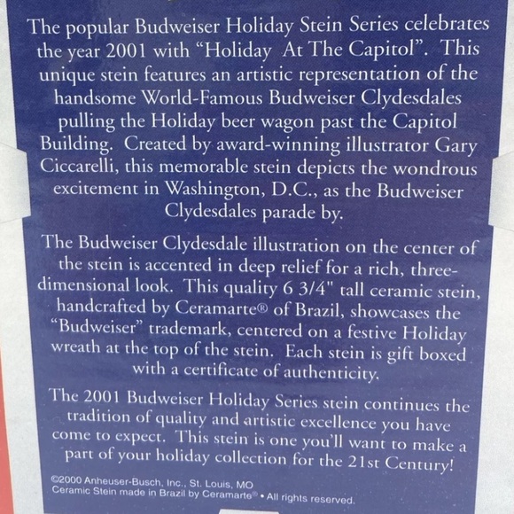 2001 Budweiser Clydesdale "Holiday at the Capitol" Christmas Stein - Picture 4 of 16